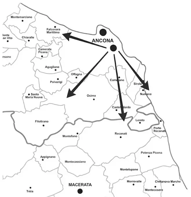 Mappa delle aree di copertura dello Studio Donati: Marche, Emilia Romagna e San Marino